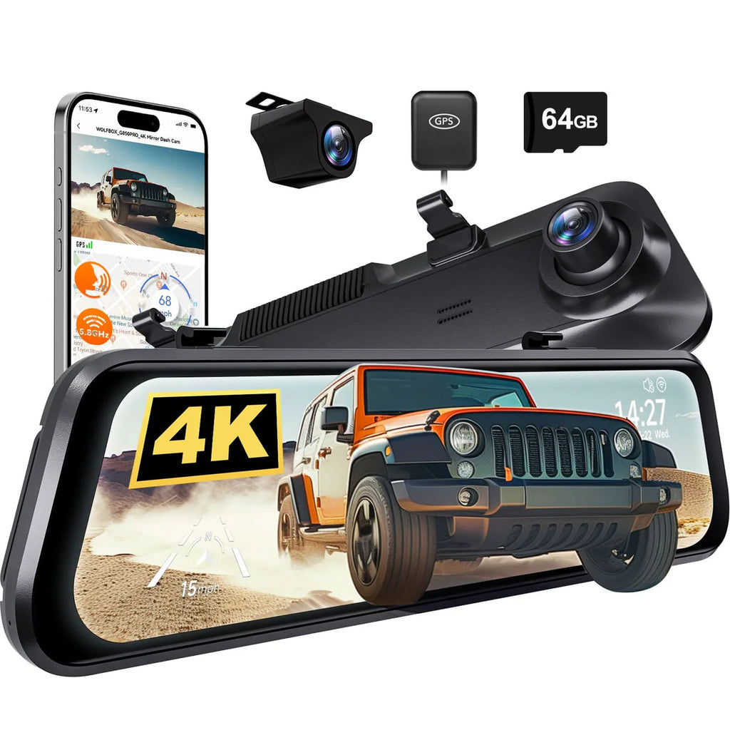 WOLFBOX G850Pro 4K WiFi ADAS Front and Rear Mirror Dash Cam